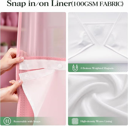 Pink Hook Free Waffle Shower Curtain & Snap-in Fabric Liner,72x75 | Less Time to install, 3 in 1 Fabric Shower Curtain and Liner Set with Magnets, Mesh Top Window, Shower Curtains for Bathroom