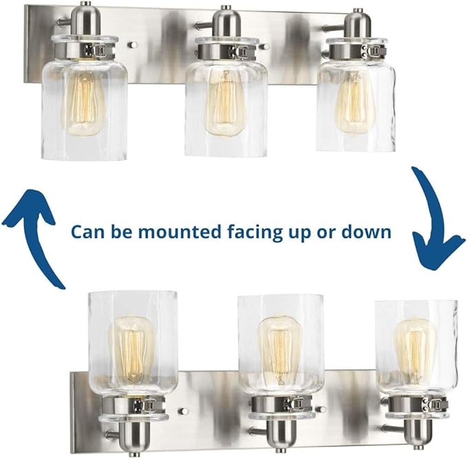 Progress Lighting P300047-009 Calhoun Collection Clear Glass Farmhouse Bath Vanity Light, 3-Light, Brushed Nickel