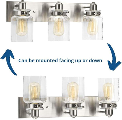 Progress Lighting P300047-009 Calhoun Collection Clear Glass Farmhouse Bath Vanity Light, 3-Light, Brushed Nickel