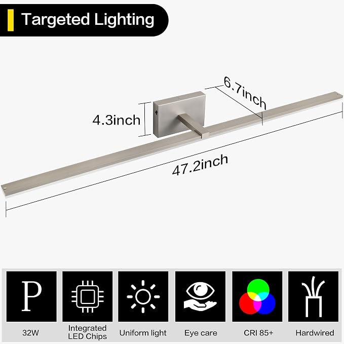 48 Inch Bathroom Vanity Lights Over Mirror Brushed Nickel Arm Over Cabinet Wide LED Bar 32W 2560lm 6000K ETL IP44