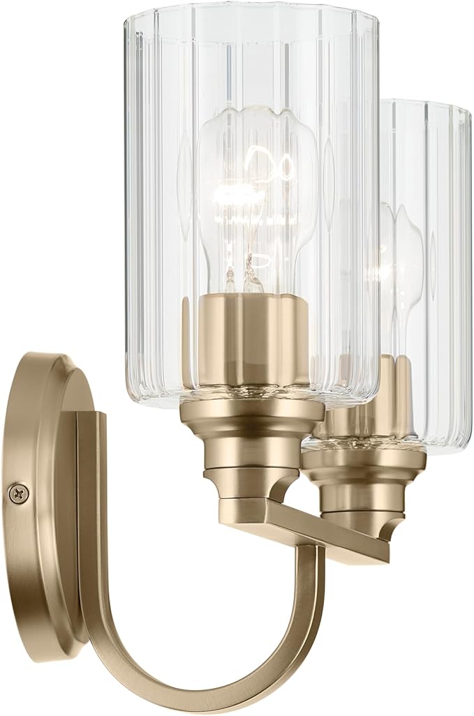 Kichler Gioe 14.25" 2-Light Vanity Light with Clear Fluted Glass in Champagne Bronze, Damp Rated, for Bathroom, Powder Room, Over a Mirror, (14.25" W x 10.5" H), 55225CPZFLU