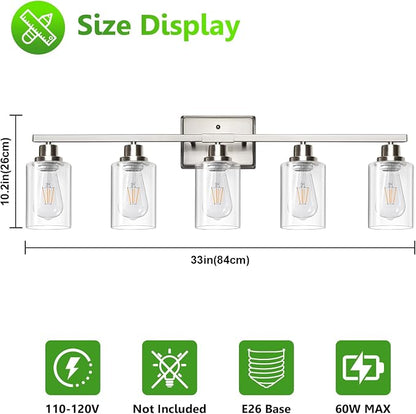 Ascher 5-Light Bathroom Light Fixtures, Modern Brushed Nickel Vanity Lights Over Mirror, Wall Lights with Clear Glass Shades for Hallway, Cabinet, Porch, Bedroom