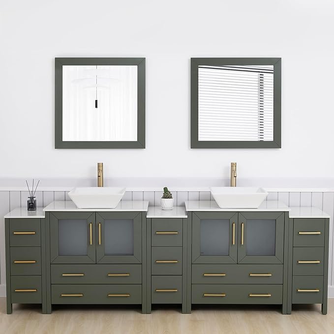 Vanity Art 96 Inch Vessel Double Sink Bathroom Vanity Cabinet with 2 Mirrors, Engineered Marble Top Bathroom Cabinet Compact Set with 13 Dovetail Drawers and Soft Closing Doors, VA3130-96VG
