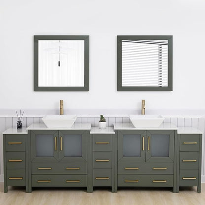 Vanity Art 96 Inch Vessel Double Sink Bathroom Vanity Cabinet with 2 Mirrors, Engineered Marble Top Bathroom Cabinet Compact Set with 13 Dovetail Drawers and Soft Closing Doors, VA3130-96VG