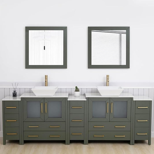Vanity Art 96 Inch Vessel Double Sink Bathroom Vanity Cabinet with 2 Mirrors, Engineered Marble Top Bathroom Cabinet Compact Set with 13 Dovetail Drawers and Soft Closing Doors, VA3130-96VG