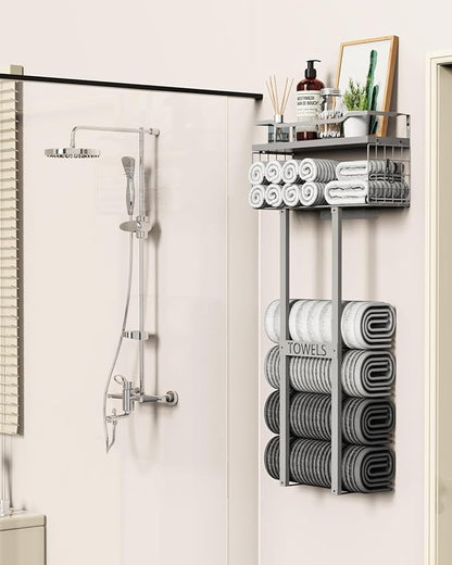 Aetyord Towel Racks for Bathroom - Wall Mounted Metal Rack with Wood Plank, Bathroom Storage Organizer, Towel Holder Stores 6 Large Rolled Towels Easily, All Grey