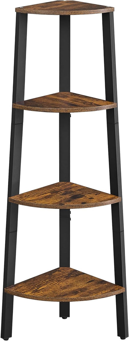 VASAGLE Corner Shelf Stand, 4-Tier Corner Bookshelf, Industrial Ladder Shelf, Plant Stand for Living Room, Office, Kitchen, Rustic Brown and Black ULLS34X