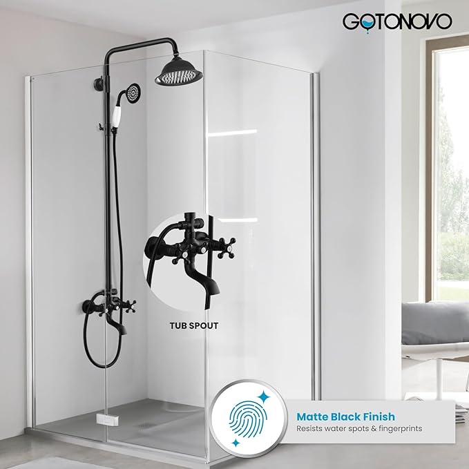 gotonovo Bathroom Exposed Shower Faucet Outdoor Shower System 8 Inch Rainfall Shower Head Set with Tub Spout and Handheld Spray Double Cross Handles Wall Mount without Shower Shelf Matte Black