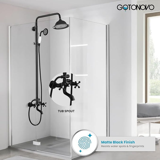 gotonovo Bathroom Exposed Shower Faucet Outdoor Shower System 8 Inch Rainfall Shower Head Set with Tub Spout and Handheld Spray Double Cross Handles Wall Mount without Shower Shelf Matte Black
