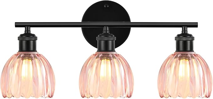 Bathroom Light Fixtures, 3-Light Brushed Black Vanity Lights for Bathroom with Pink Tulip Glass Shade, 20" Vintage Bathroom Vanity Lighting Fixtures Over Mirror for Bedroom Living Room Hallway