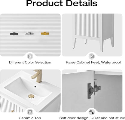 Vanity Art 24 inch Bathroom Vanity with Single Sink & Ceramic Top, Vanity Cabinet with Soft-Closing Door, Solid Wood Frame, Linear Pattern, White, VA9124-W-MB,Matte Black Handles