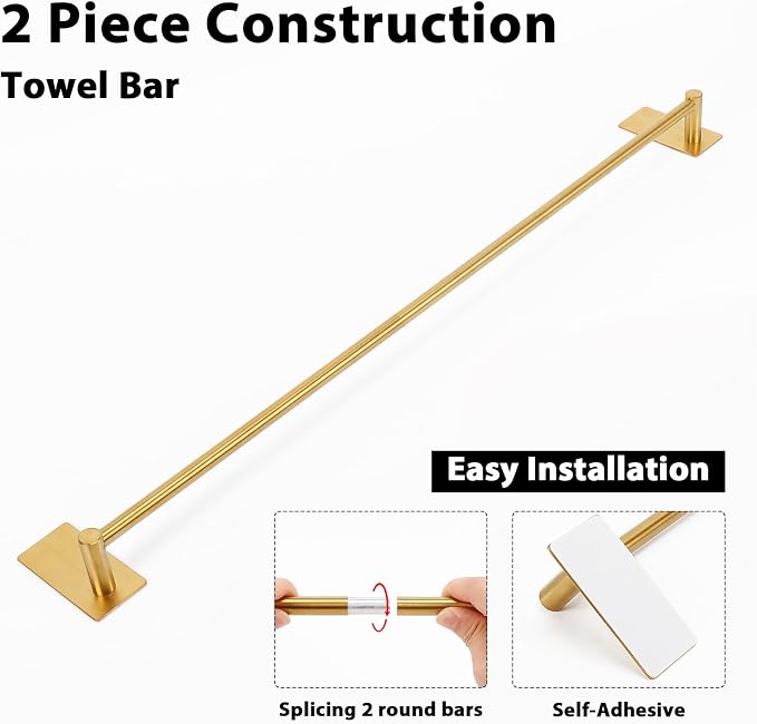 NearMoon Self Adhesive Bathroom Towel Bar- Stainless Steel Bath Wall Shelf Rack Hanging Towel Stick On Sticky Hanger Contemporary Style, NO Drilling (1 Pack, Brushed Gold, 27-Inch Towel Rack)