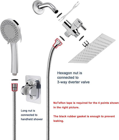 NearMoon Filtered Shower Head, High Pressure 8″Square, 5 settings Handheld Rain Shower Filter Combo with Self-adhesive Holder/1.5M Hose -1 Replaceable Filter Cartridge (Chrome Finish)