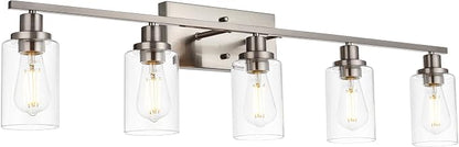 MELUCEE 5-Light Bathroom Vanity Light Brushed Nickel with Clear Glass Shade | Wall Sconce Modern Light Fixtures Wall Mount for Porch Bedroom Hallway Kitchen (Patent No.: US D963914 S) 40 Inches