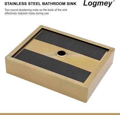 Logmey 19" Gold Shallow Bathroom Vessel Sink 19x15 Rectangle Handmade 16 Gauge Stainless Steel Above Counter RV Bathroom Sinks with Pop up Drain Set