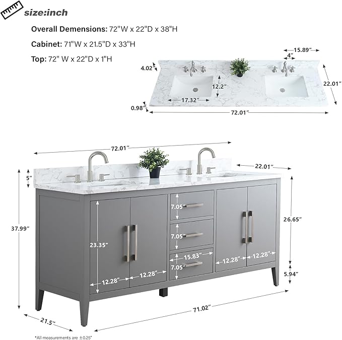 HomeBeyond 72 Inch Bathroom Vanity with Sink & Ceramic Top, Double Vanity Cabinet with Basin, Soft-Closing Doors & Matte Black Hardware, Grey