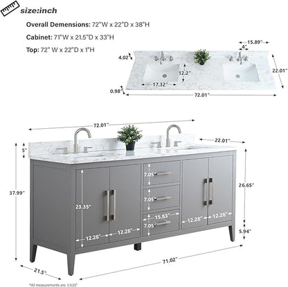 HomeBeyond 72 Inch Bathroom Vanity with Sink & Ceramic Top, Double Vanity Cabinet with Basin, Soft-Closing Doors & Matte Black Hardware, Grey