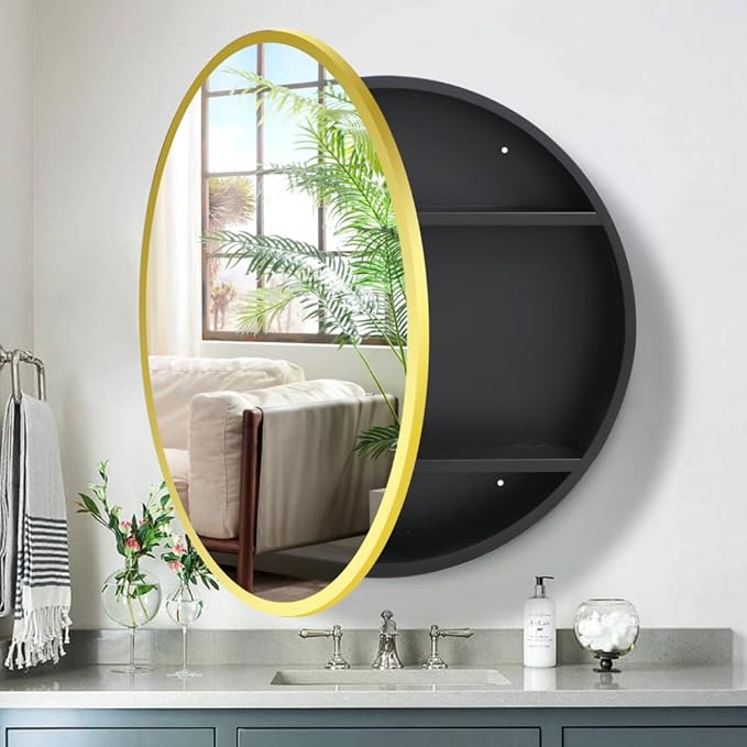 Movo 28 Inch x 28 Inch Bathroom Round Aluminum Medicine Cabinet with Mirror, Circular Storage Cabinet Surface Mounted Gold