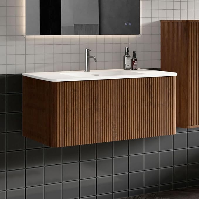 36" Bathroom Vanity with Sink, Modern Floating Vanity with Push Open Soft Close Drawer, Large Storage for Bathroom, Hotel, Walnut, Fully Assembled - Camellia Collection