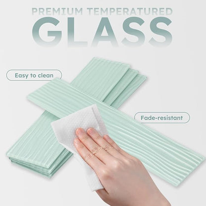 Peel and Stick Glass Subway Tiles, Green, 3x12 Inch, Water Wave Glass Backsplash for Kitchen Bathroom Wall Tiles, Pack of 20 Pieces