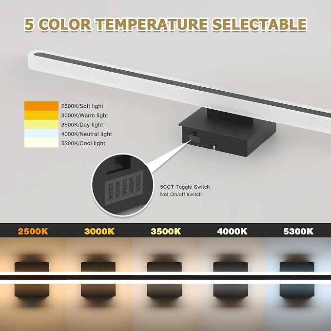 Modern Black Vanity Lights for Bathroom 5CCT Dimmable LED Light Bar | Bathroom Above Mirror Vanity Lighting, 31.5 Inch 24W
