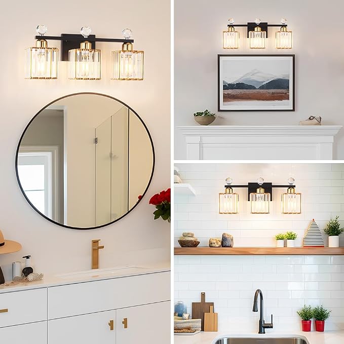 Lxybcce Bathroom Vanity Lights Over Mirror - Easy Installation with Clear Guide, 3-Light Shadow-Free Design, Black and Gold Crystal Finish - for Modern Home Bathroom Lighting Fixtures in DIY Projects