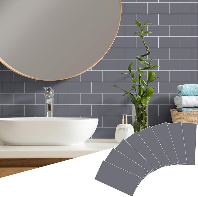 Yipscazo Peel and Stick backsplash 3 x 6 Inches 3D PVC Composite Wall Tile Stick on Backsplash Tile for Kitchen Bathroom, Laundry Room, Fireplace(Gray, 100 Pieces)