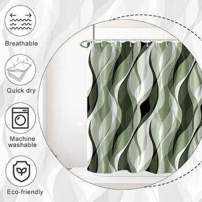 Sage Green Shower Curtain, Abstract Ombre Green and Grey Striped Shower Curtain Set for Bathroom Waterproof Polyester Shower Curtain with Hooks, 54x72 Inch