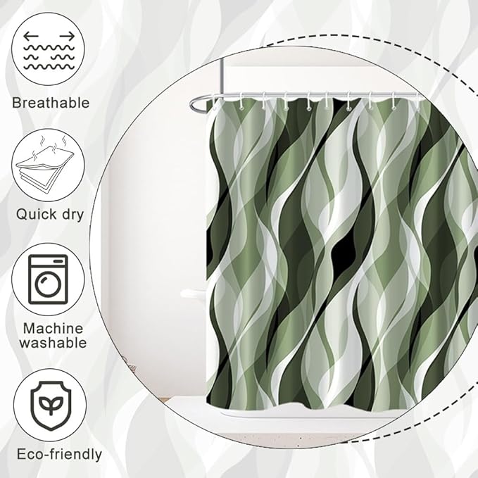 Sage Green Shower Curtain, Abstract Ombre Green and Grey Striped Shower Curtain Set for Bathroom Waterproof Polyester Shower Curtain with Hooks, 72x96 Inch