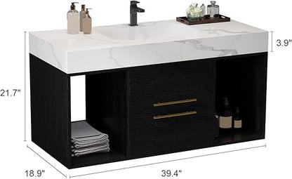 Goujxcy 39.4" Wall Mounted Bathroom Vanity with Sink, Modern Floating Bathroom Cabinet with Ceramic Sink & 2 Drawers, Wood Hanging Bath Room Cabinet with Soft-Close System (White & Black)