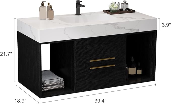 40" Bathroom Vanity with Sink Set, Modern Black Wall Mounted Bathroom Vanity Cabinet with Sintered Stone Top&Gold Handle 2 Drawers&2 Open Storage, Single Sink Floating Bathroom Vanity