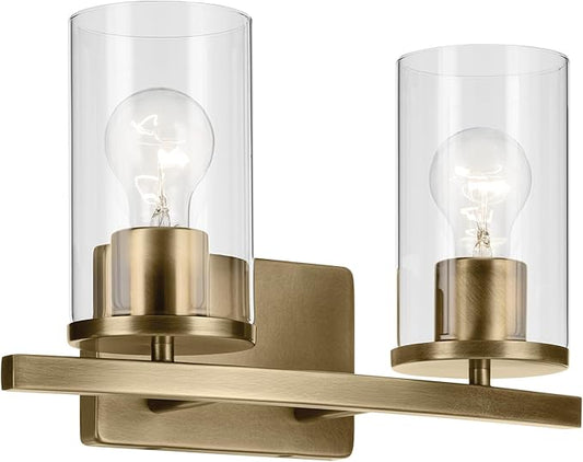Kichler Crosby 15.25" 2-Light Vanity Light with Clear Glass in Natural Brass, for Bathroom, Powder Room, (15.25" x 8.75"), 45496NBRCLR