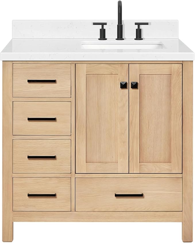ARIEL 36 inch Bathroom Vanity top with Sink, 1.5 Inch Thick Miter Edge Carrara White Quartz top, Right Offset Vanity top with Rectangle Porcelain Sink, Includes Backsplash