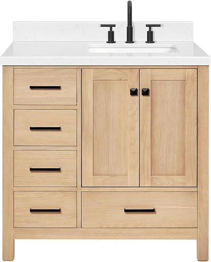 ARIEL 36 inch Bathroom Vanity top with Sink, 1.5 Inch Thick Miter Edge Carrara White Quartz top, Right Offset Vanity top with Rectangle Porcelain Sink, Includes Backsplash