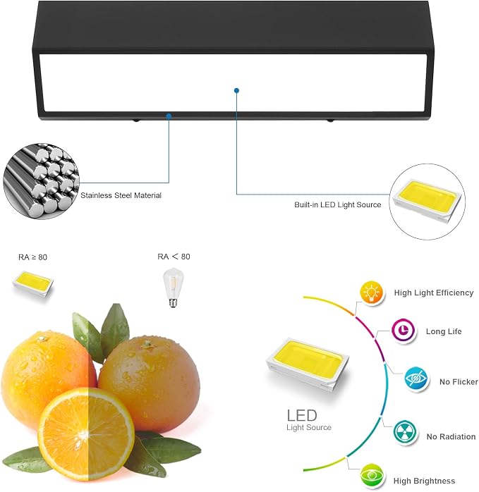 16-Inch LED Modern Bathroom Vanity Light Fixtures, Matte Black Modern Acrylic Bathroom Wall Lighting Fixtures Over Mirror (Cool White 6000K)