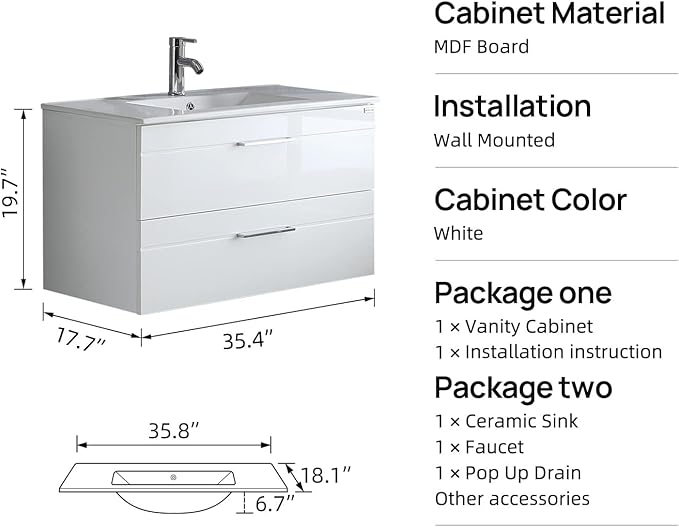 wonline 36" Wall Mounted Bathroom Vanity Set Two Drawers Storage Cabinet with Ceramic Vessel Sink Combo Chrome Faucet White