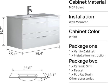 wonline 36" Wall Mounted Bathroom Vanity Set Two Drawers Storage Cabinet with Ceramic Vessel Sink Combo Chrome Faucet White
