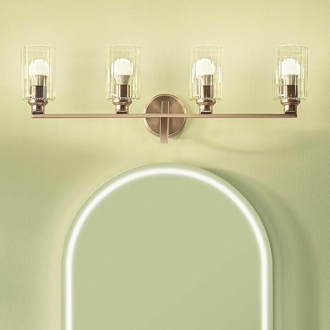 Kichler Gioe 32.25" 4-Light Vanity Light with Clear Fluted Glass in Champagne Bronze, Damp Rated, for Bathroom, Powder Room, Over a Mirror, (32.25" W x 10.5" H), 55227CPZFLU