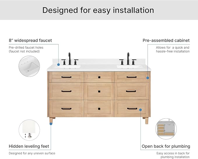 ARIEL Monroe 66-inch Bathroom Vanity with Sink,Solid Wood, 1.5-inch Carrara White Quartz Countertop & Backsplash, Double Oval Porcelain Sink, 9 Dovetail Drawers, Matte Black, White Oak