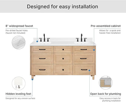ARIEL Monroe 66-inch Bathroom Vanity with Sink,Solid Wood, 1.5-inch Carrara White Quartz Countertop & Backsplash, Double Oval Porcelain Sink, 9 Dovetail Drawers, Matte Black, White Oak