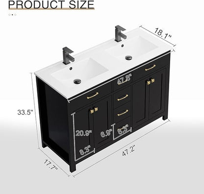 LUCKWIND 48" Bathroom Vanity with Sink Combo, Painted Modern Bathroom Storage Cabinet with Double Resin Sink, Four Doors and Three Drawers, Include Faucet Without Mirror, Black