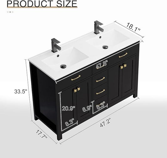 LUCKWIND 48" Bathroom Vanity with Sink Combo, Painted Modern Bathroom Storage Cabinet with Double Resin Sink, Four Doors and Three Drawers, Include Faucet Without Mirror, Black