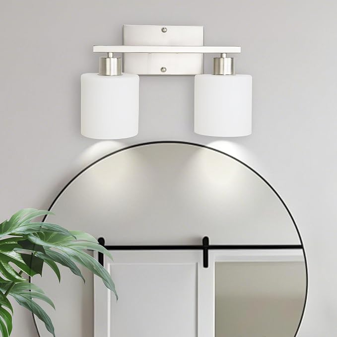 SILAMPDI 2-Light Bathroom Vanity Light Fixtures Over Mirror Brushed Nickel | Modern Milky White Frosted Glass Shades, Anti-Rust Wall Sconce for Bedroom Restroom, E26 Socket, Bulbs Not Included