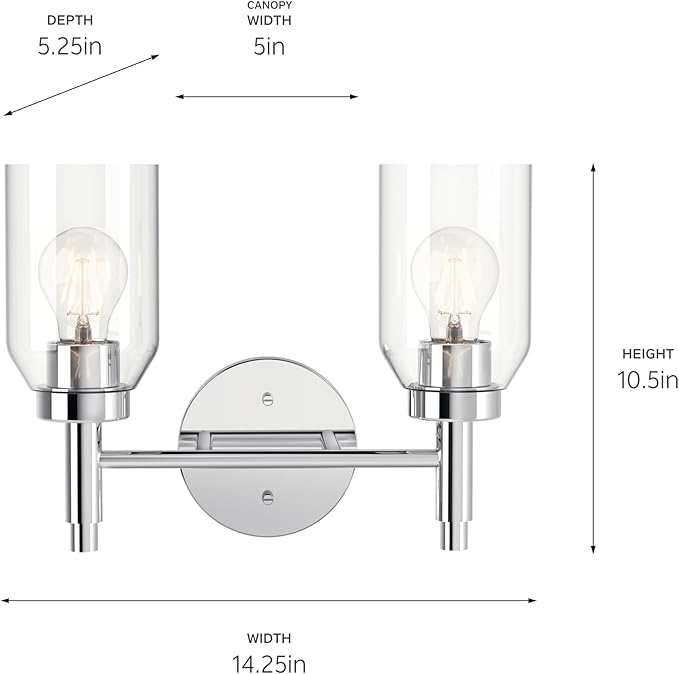 Kichler Madden 2-Light Vanity with Clear Glass in Chrome, Sloped Ceiling Compatible, for Single or Double Vanity in Bathroom (10.5" x 14.25"), 55184CH