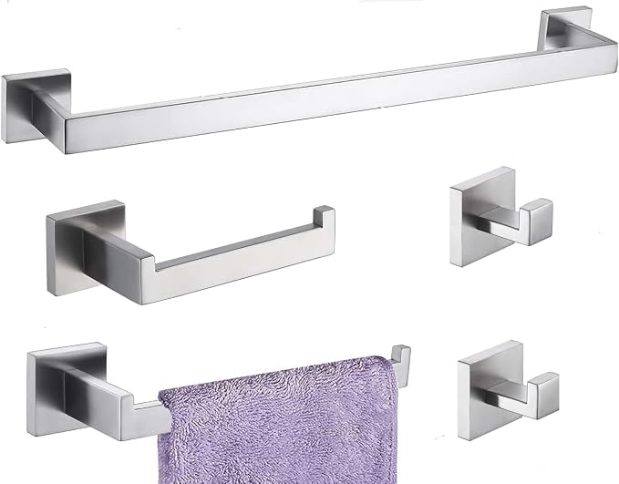 Bathroom Hardware Set 5 Piece Brushed Nickel Bathroom Accessories Set SUS304 Towel Bar Set Includes 1 Towel Bar 24 Inch+1 Towel Holder+1 Toilet Paper Holder+2 Towel Hooks (5, Brushed Nickel, 24 Inch)