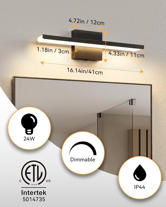 Modern LED Bathroom Vanity Light,16inch (16.14'') 16W,1800 Lumen Dimmable Powder Room Light Fixtures Over Mirror,5CCT Vanity Lights for Bathroom, ETL Certified, Slim Rectangular Bar