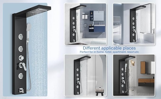 AlenArt Shower Panel Tower System, Multi Function Shower System with Body Jets, Handheld Sprayer, Rainfall Waterfall Shower Head and Tub Spout Stainless Steel Wall Mount Shower Panels Black