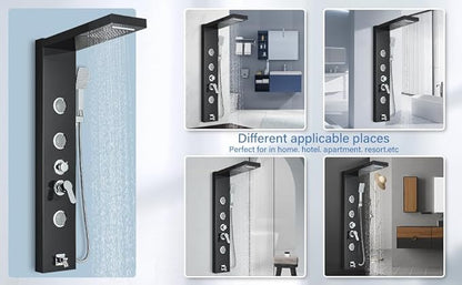 AlenArt Shower Panel Tower System, Multi Function Shower System with Body Jets, Handheld Sprayer, Rainfall Waterfall Shower Head and Tub Spout Stainless Steel Wall Mount Shower Panels Black