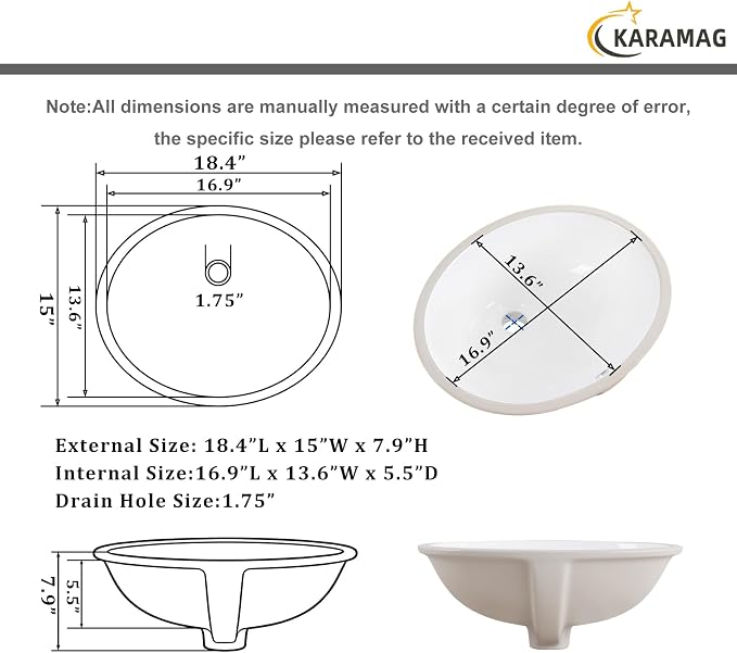 Undermount Bathroom Sink KARAMAG 18.4"x15" Oval Sink with Overflow White | 18.4 Inch Ceramic Oval Vanity Sink,Undermount Design,Easy to Clean,Modern Style,Ideal for bathroom,vanity, lavatory,restroom
