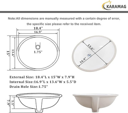 Undermount Bathroom Sink KARAMAG 18.4"x15" Oval Sink with Overflow White | 18.4 Inch Ceramic Oval Vanity Sink,Undermount Design,Easy to Clean,Modern Style,Ideal for bathroom,vanity, lavatory,restroom